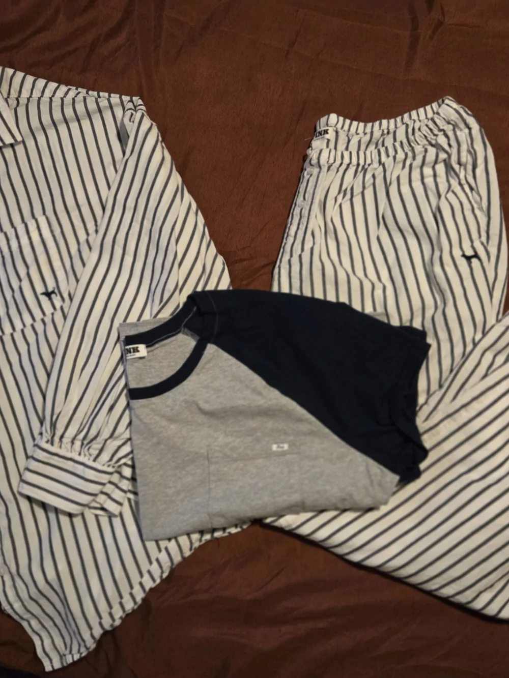 PINK  Women’s Grey & Navy Raglan Tee, With Blue & White Striped Matching Set